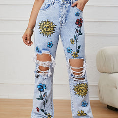Floral Ripped Straight Jeans High Waist Distressed Denim Pants