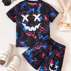 Boy's Cartoon & Smile Graphics 2PC Short Sleeve T Shirt & Shorts Set