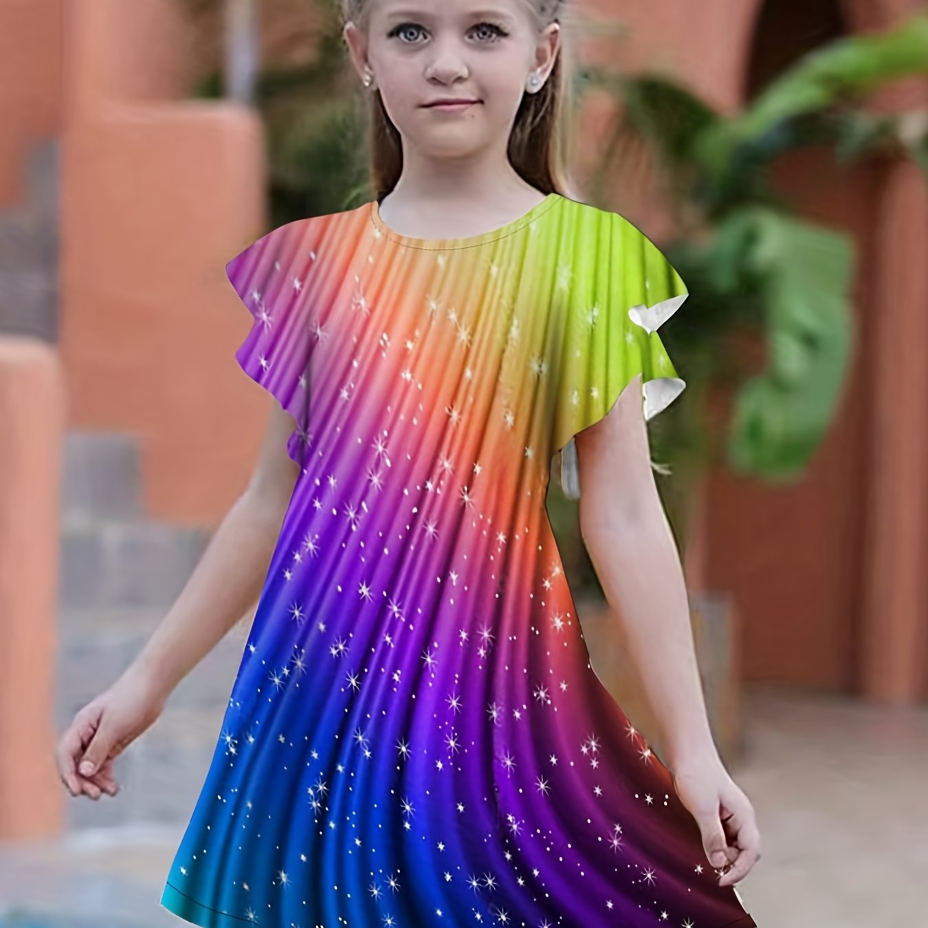 Girls Rainbow Flutter Trim Dress