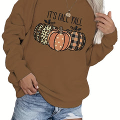 Pumpkin Print Long Sleeve Sweatshirt Crew Neck Fall Women's Clothing
