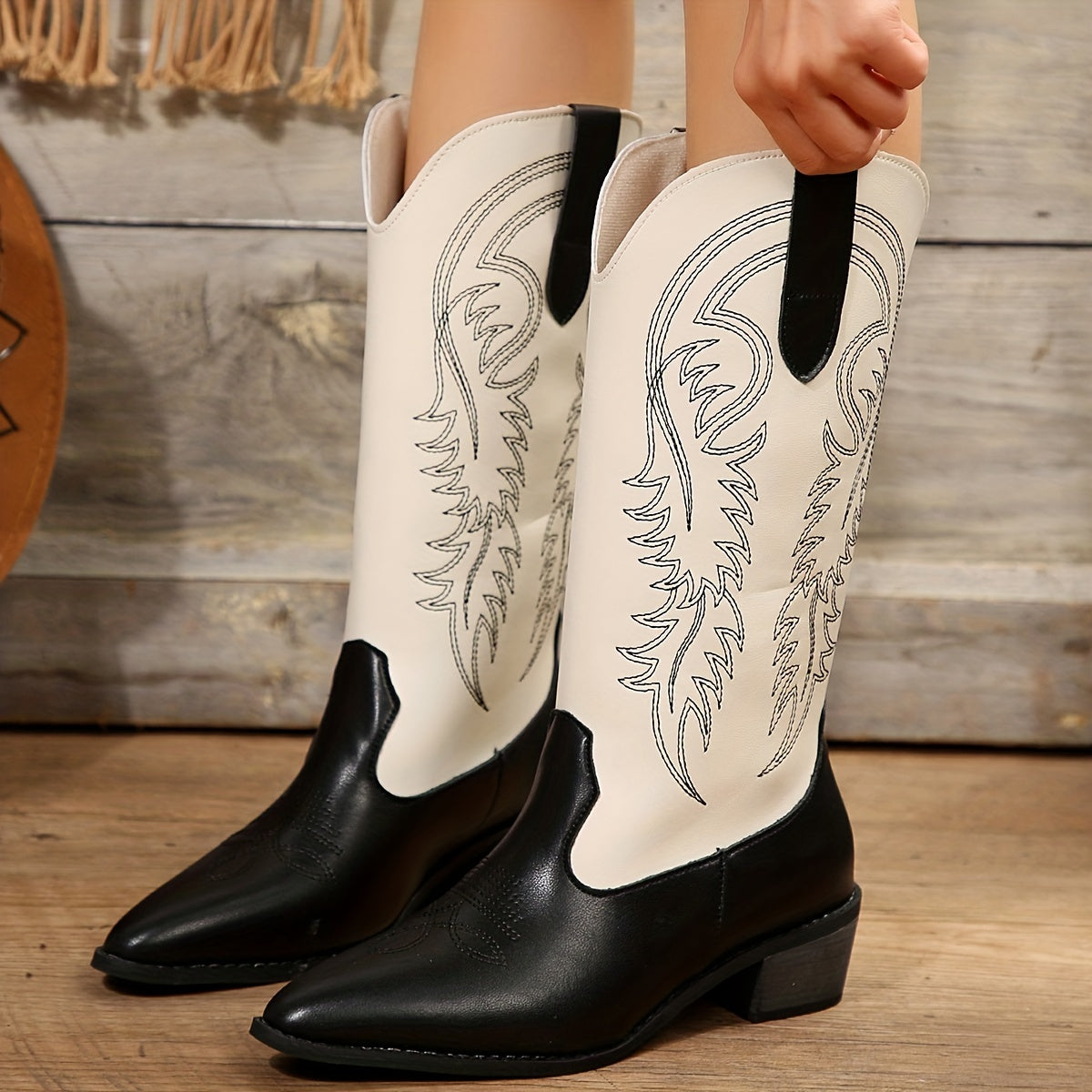 Women's Colorblock Western Boots Slip On Point Toe Chunky Heel Mid Calf