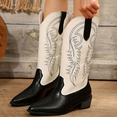 Women's Colorblock Western Boots Slip On Point Toe Chunky Heel Mid Calf
