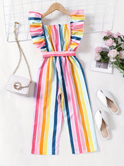 Girls Striped Romper Ruffle Square Neck Jumpsuit With Belt Kids Summer Clothes