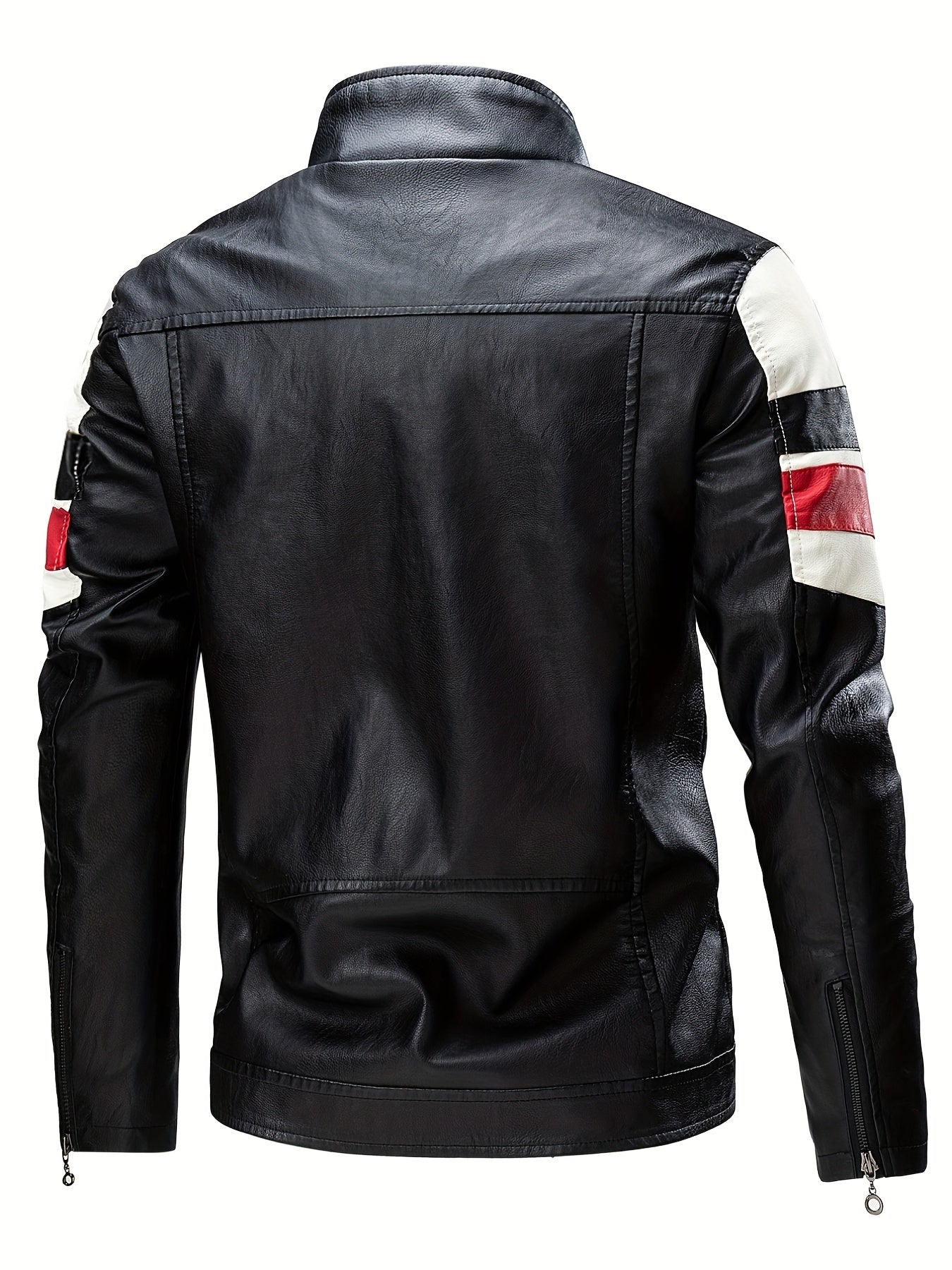 Men's Striped Leather Jacket Stand Collar Motorcycle Coat