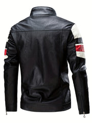 Men's Striped Leather Jacket Stand Collar Motorcycle Coat