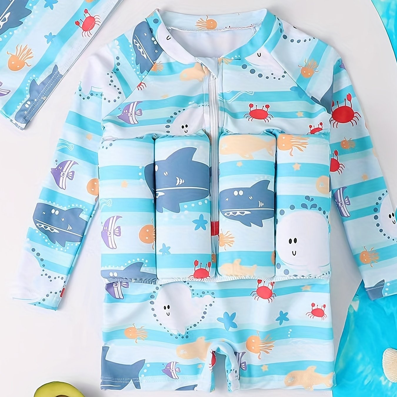2pcs Baby Cartoon Print Buoyancy Swimsuit & Cap Set