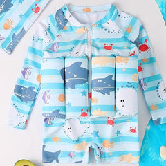 2pcs Baby Cartoon Print Buoyancy Swimsuit & Cap Set