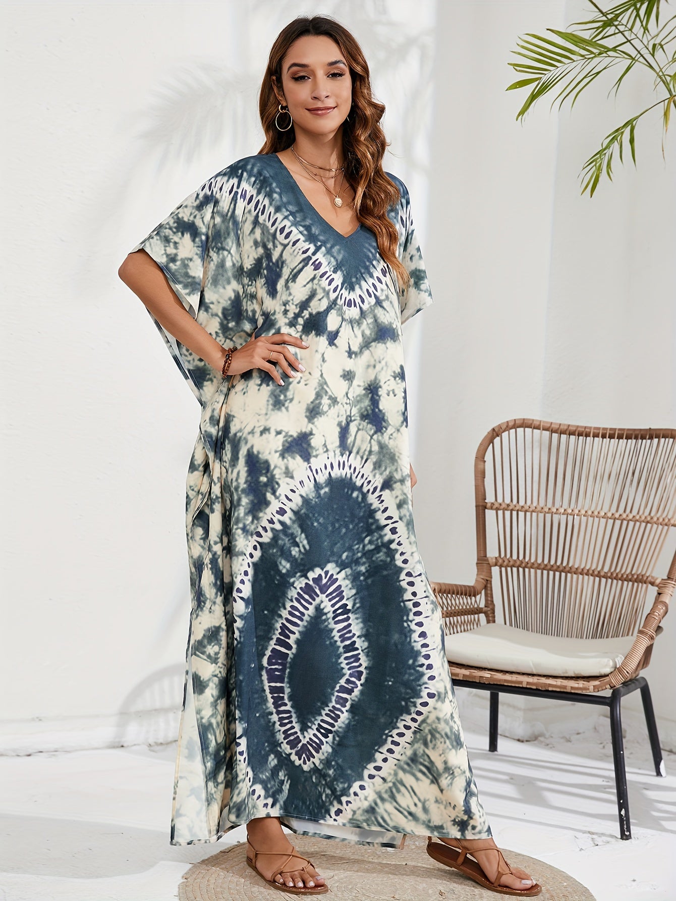 Tie Dye Batwing Sleeve V Neck Maxi Split Cover Up Dress
