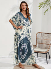 Tie Dye Batwing Sleeve V Neck Maxi Split Cover Up Dress