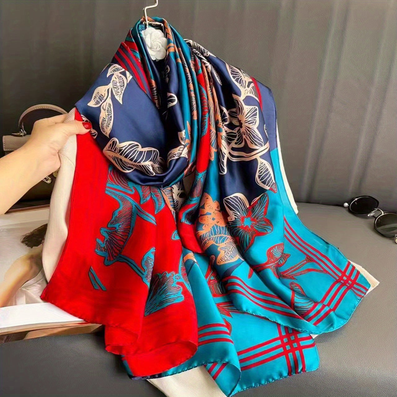 Vintage Flower Print Scarf Silk Shawl Women Head Wrap Satin Sunscreen