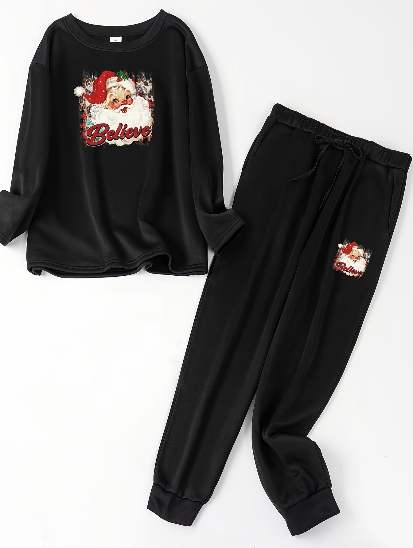 Santa Claus Print Fleece Top & Tie Front Joggers Pajamas