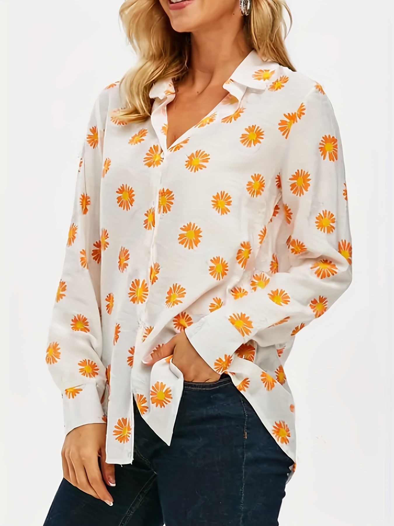 Daisy Print Long Sleeve Button Up Collar Shirt
