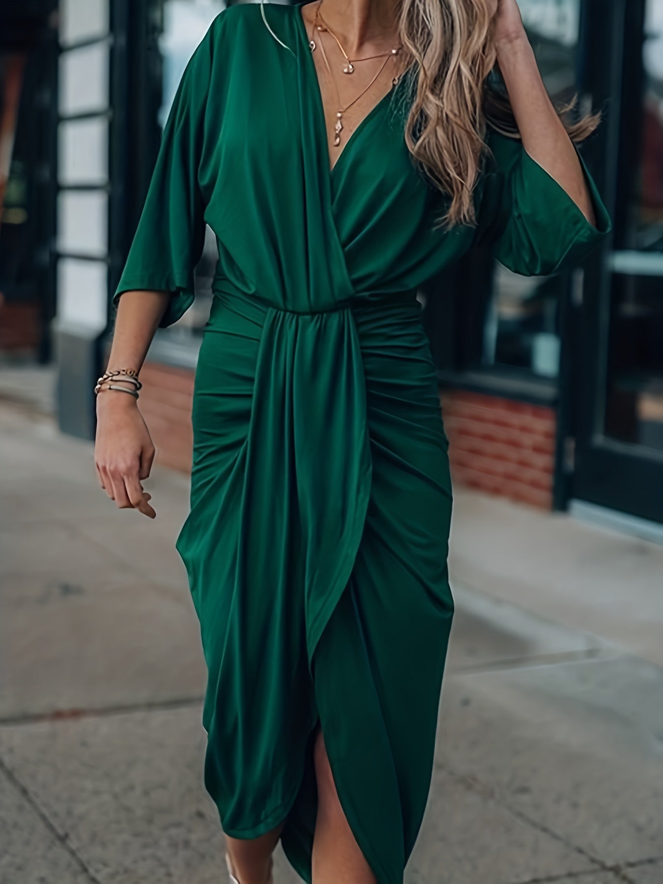 Plus Size Solid Half Sleeve Draped Front Occasion Dress