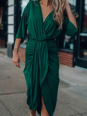 Plus Size Solid Half Sleeve Draped Front Occasion Dress