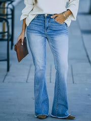 Raw Trim Button Fly High Rise Medium Stretch Skinny Flare Leg Jeans