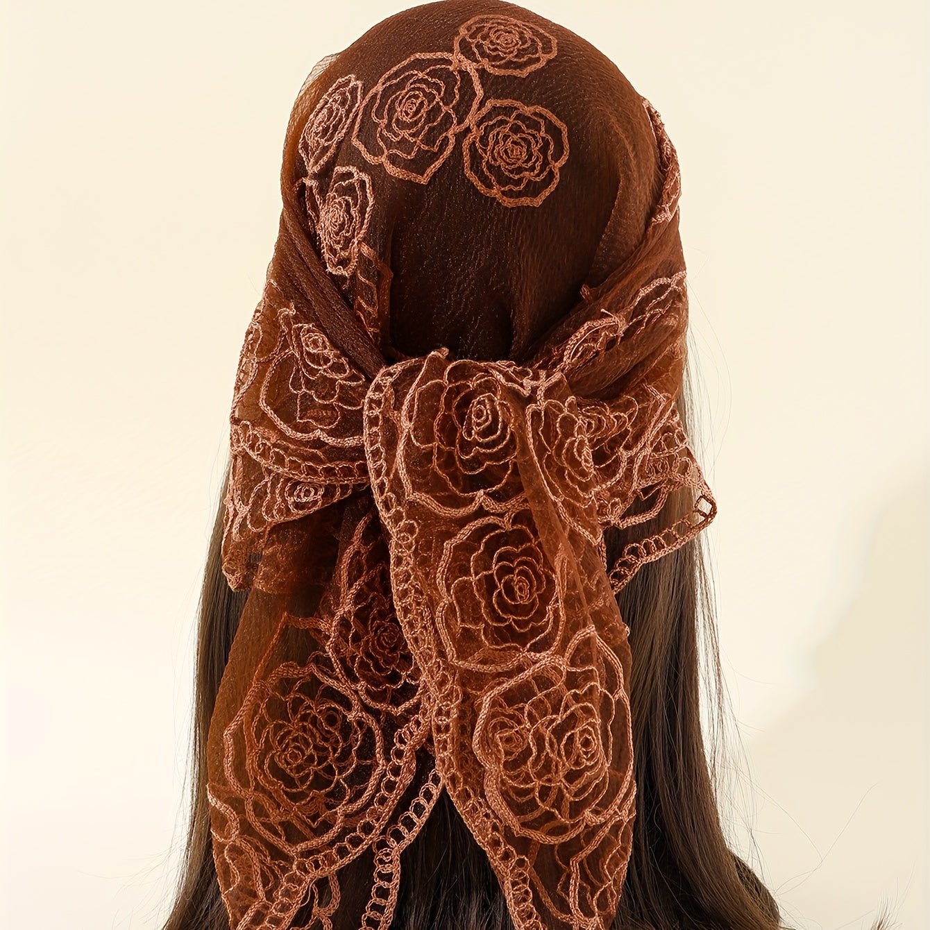 Boho Rose Flower Bandana Sheer Mesh Neckerchief Embroidered Head Wrap