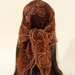 Boho Rose Flower Bandana Sheer Mesh Neckerchief Embroidered Head Wrap