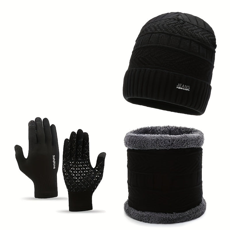 Winter Knitted Hat Scarf Gloves Set Outdoor Warm Coldproof Windproof