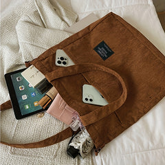 Corduroy Tote Bag with Letter Patch Decor Large Capacity Crossbody Bag