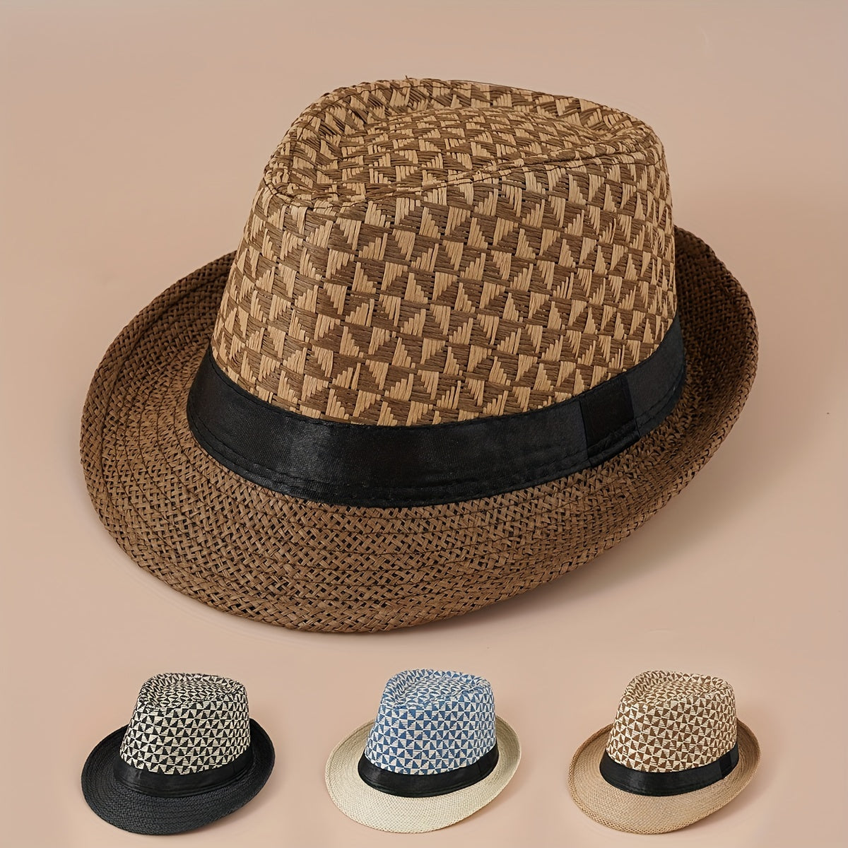 Geometric Plaid Crochet Fedora Cap Lightweight Casual Straw Sun Hat