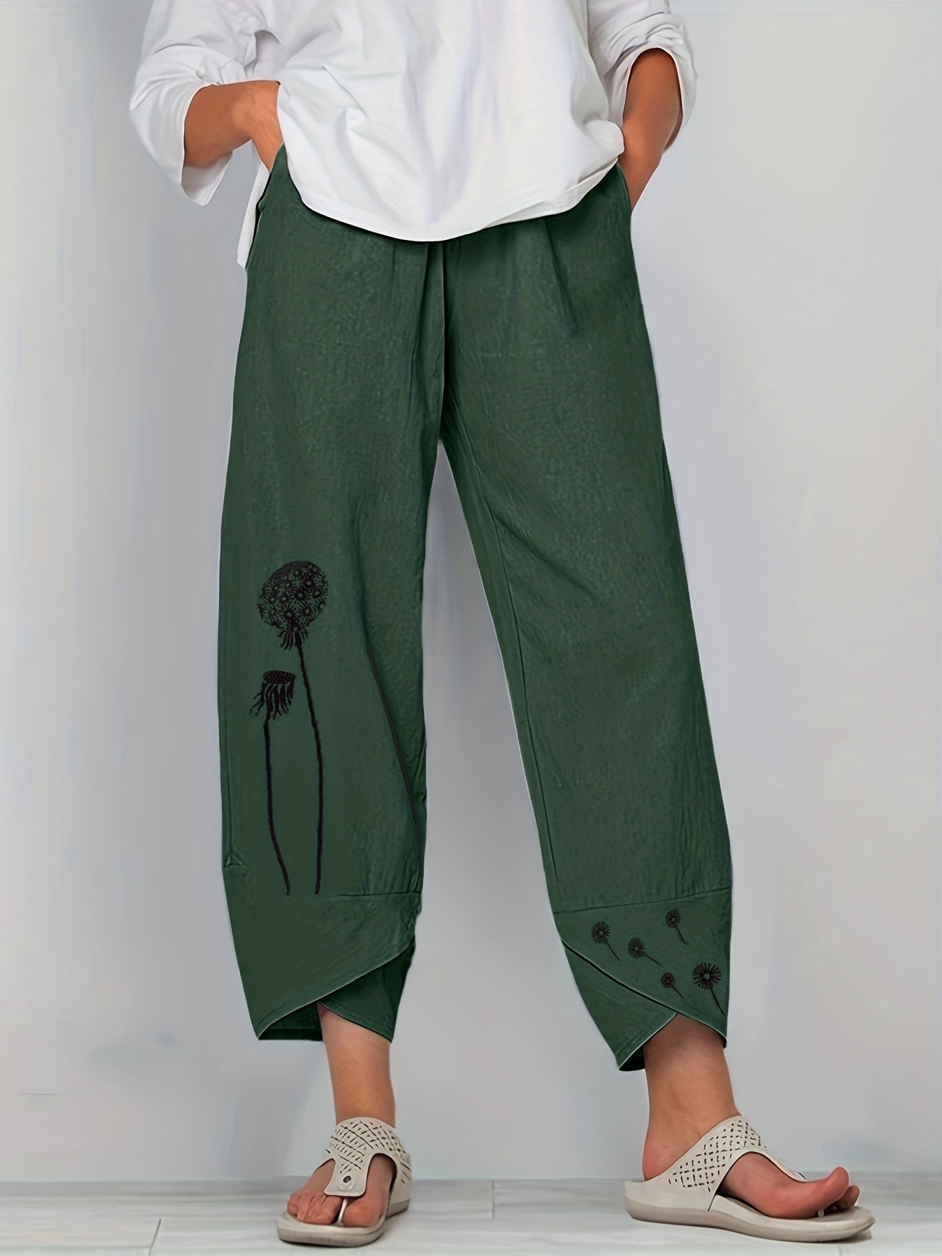 Boho Dandelion Print Harem Pants High Waist Summer Cropped Pants