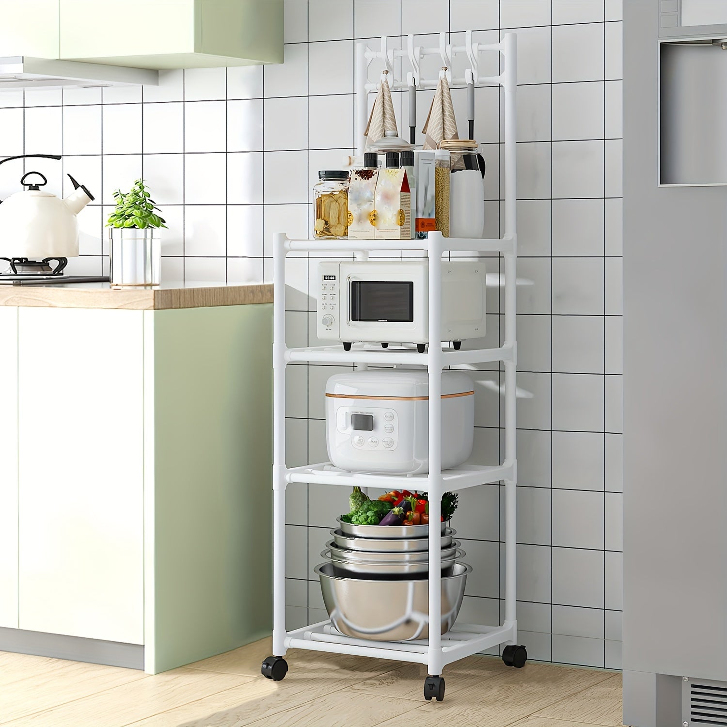 4-Layer Kitchen Shelf with Pulley and Hook, Pot Storage Rack