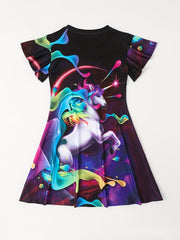 Girls 3D Unicorn Print Short Sleeve Dress For Summer Outdoor Gift