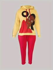 Women's Plus Size Cartoon Figure Print Hoodie & Pants Set