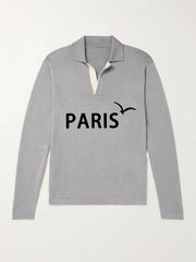 Paris Pattern Knit Polo Shirt Men's Casual Lapel Pullover Sweater