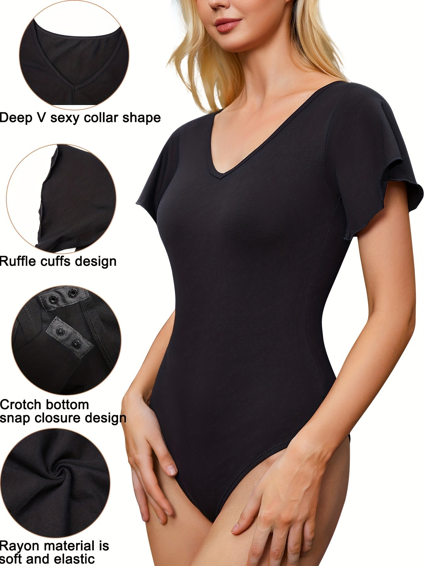 Shaping Bodysuit Ruffle Sleeve V-Neck Tummy Control Body Shaper