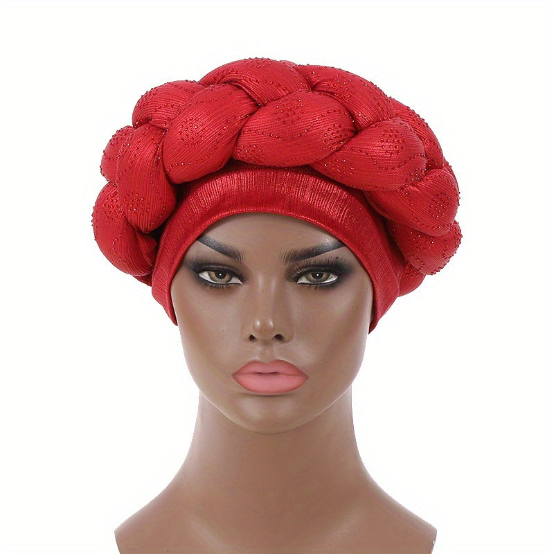 Red Twist Braided Turban Cap Rhinestone Decor Big Head Wrap Hijab Hats