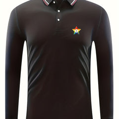 Men's Star Print Polo Shirt Casual Long Sleeve Button Up Shirt