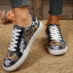 Sunflower Print Sneakers Round Toe Low Top Flat Shoes Lightweight Walking