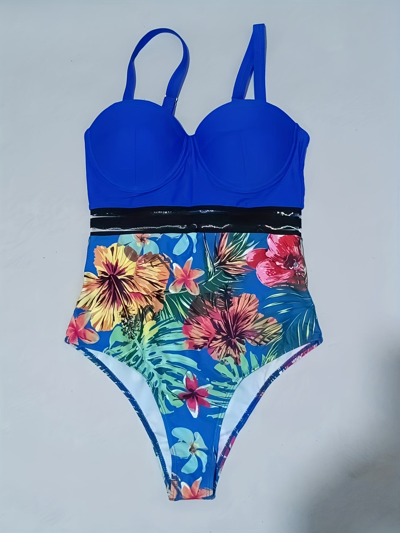 Plant Print Mesh Contrast Push Up Swimsuit High Strech One Piece Bathing Suit