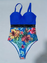 Plant Print Mesh Contrast Push Up Swimsuit High Strech One Piece Bathing Suit