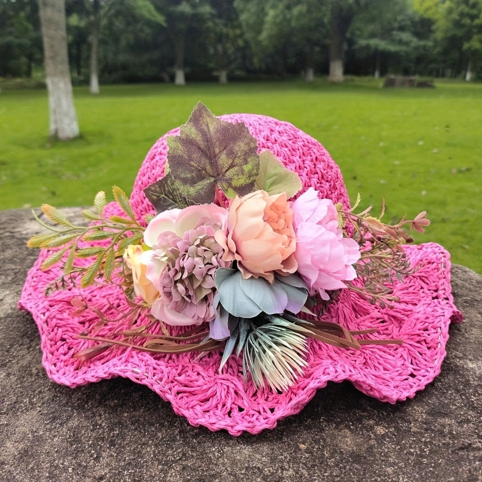 Flower Garland Decor Sun Hat Ruffles Straw Hats UV Protection Beach Hat
