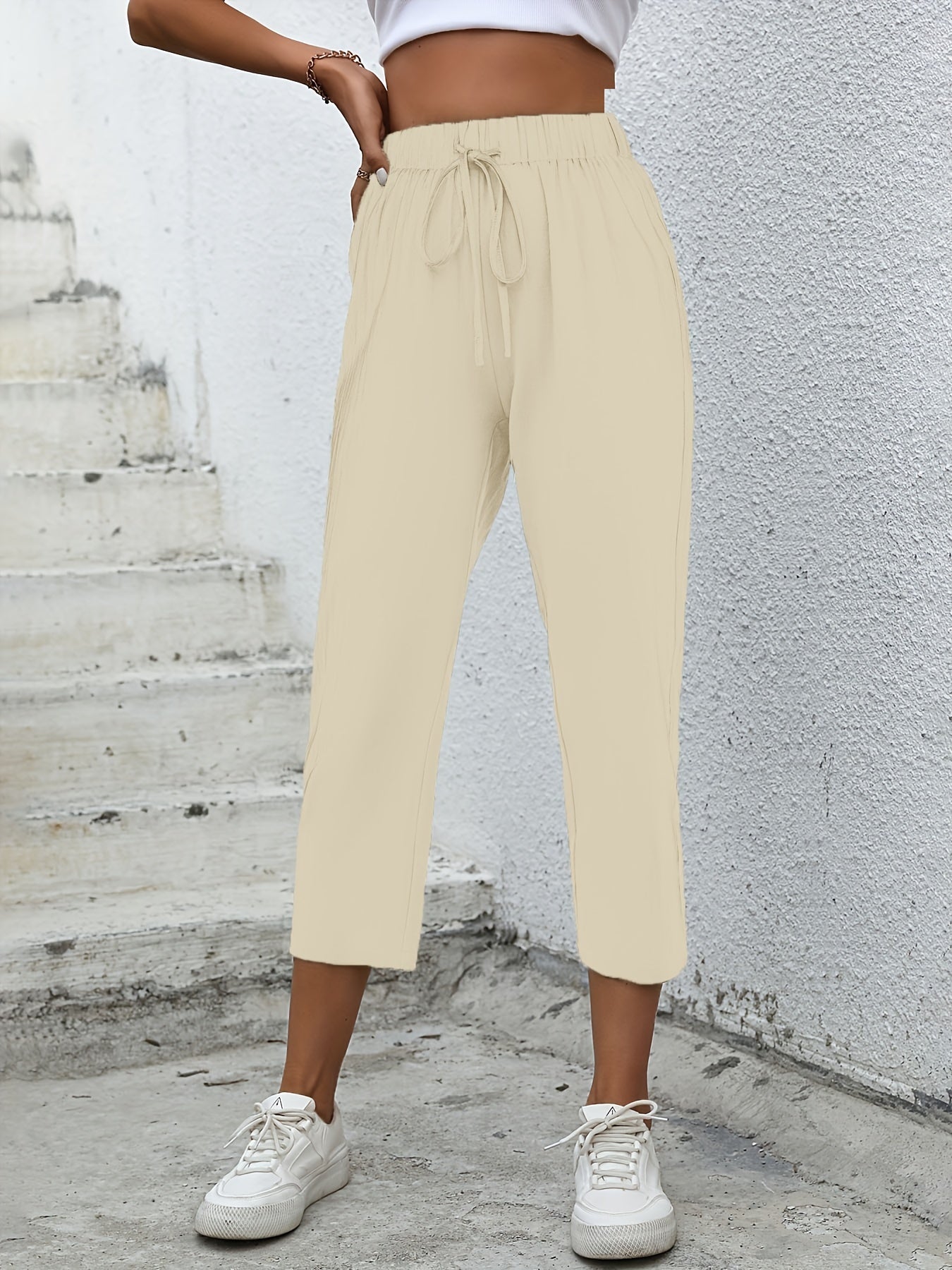 High Waist Drawstring Cropped Pants Women's Clothing