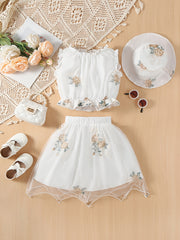 Mesh Flower Embroidery Hat & Ruffled Set for Kids