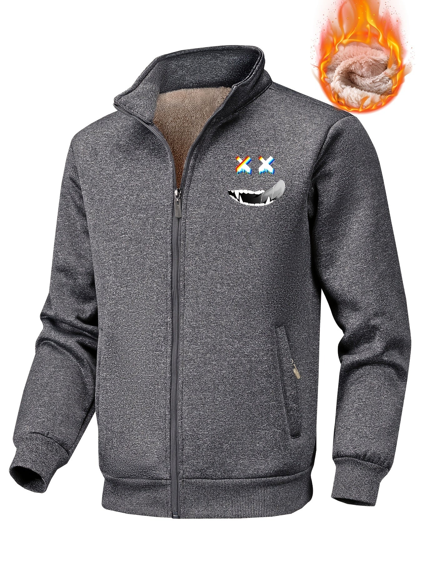 Men's Sherpa Fleece Zip Up Jacket with Smile Face Print