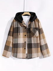 Plaid Jackets For Men Chest Pocket Button Up Hooded Stylish Coat