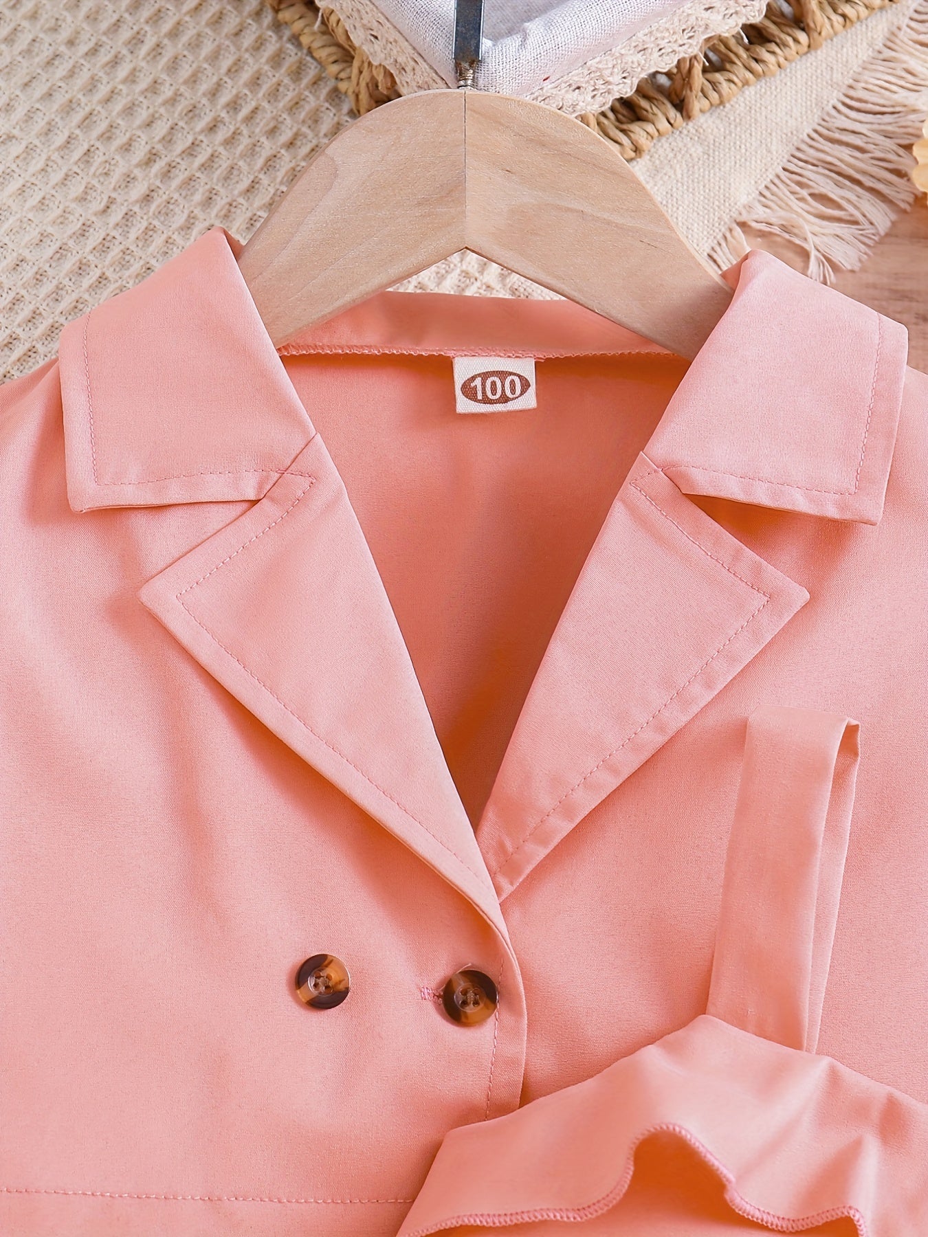 2pcs Girls Puff Sleeve Blazer & Belted Cami Dress