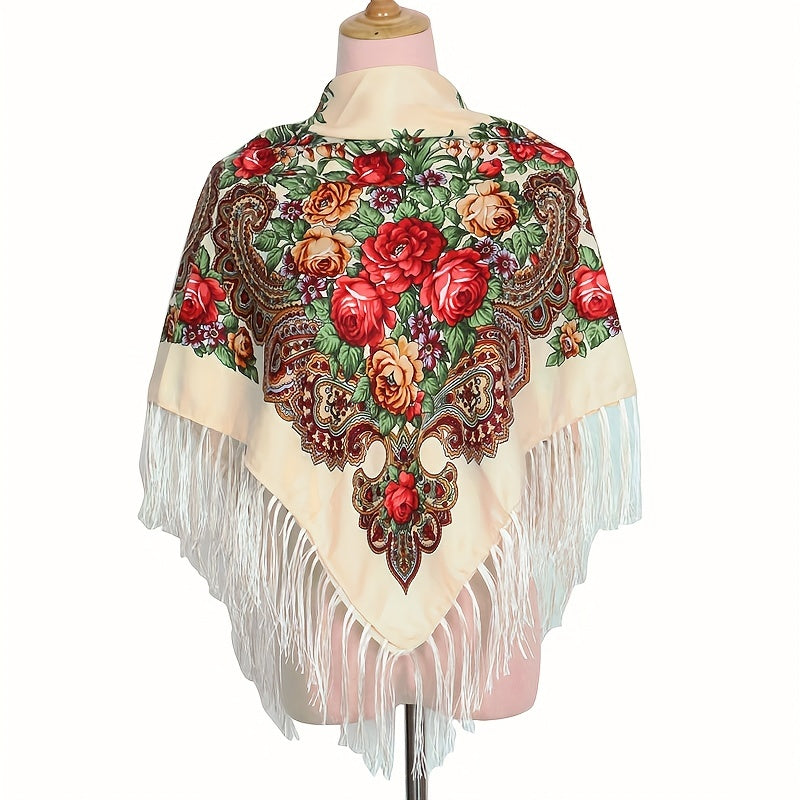 Flower Print Tassel Shawl Boho Square Scarf Vintage Wrap