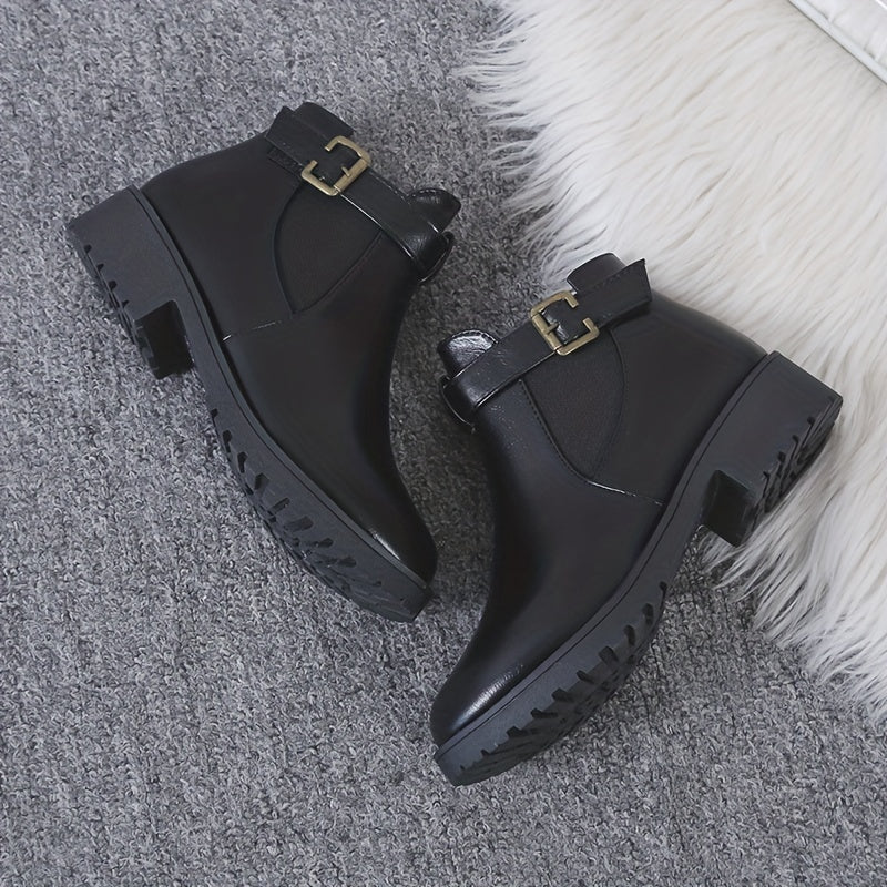Solid Chunky Heel Boots Buckle Strap Short Boots Comfortable