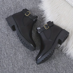 Solid Chunky Heel Boots Buckle Strap Short Boots Comfortable
