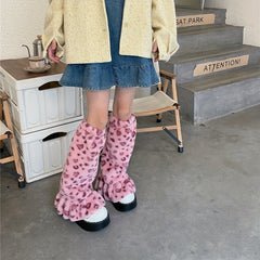 Leopard Fuzzy Leg Warmers Ruffle Knee High Socks Women's Stockings