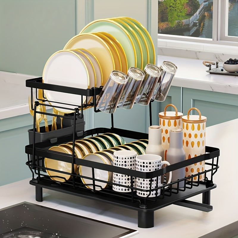 2 Tier Dish Drying Rack with Drainboard & Utensil Holder