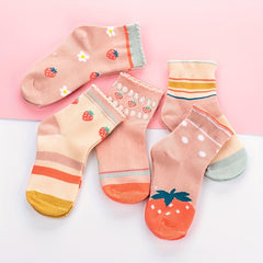 5 Pairs Strawberry Striped Knit Socks for Girls
