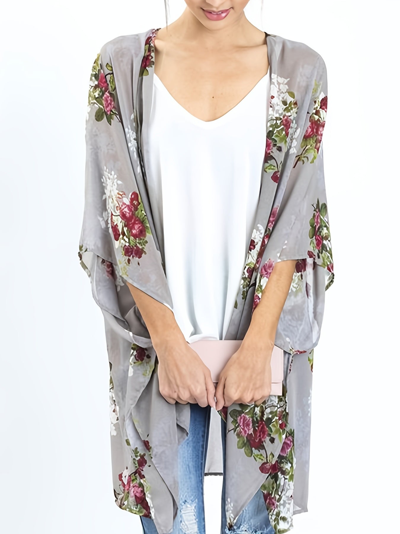 Floral Print Chiffon Blouse Long Sleeve Rash Guard V Neck