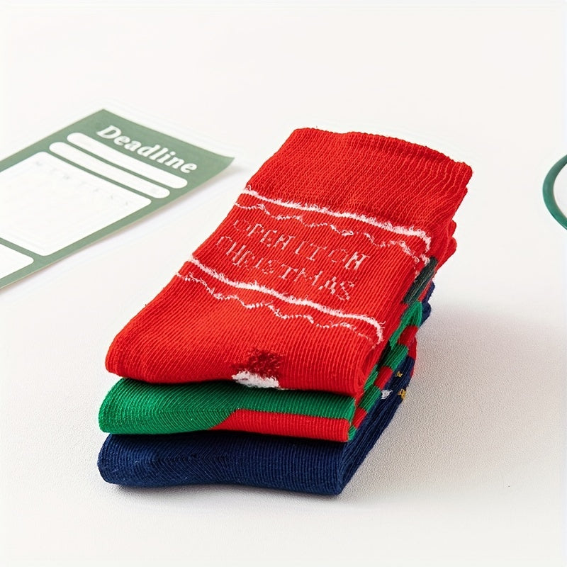3 Pairs Kids Christmas Socks, Red Cartoon Sleeves, Thick Fleece Warm Socks