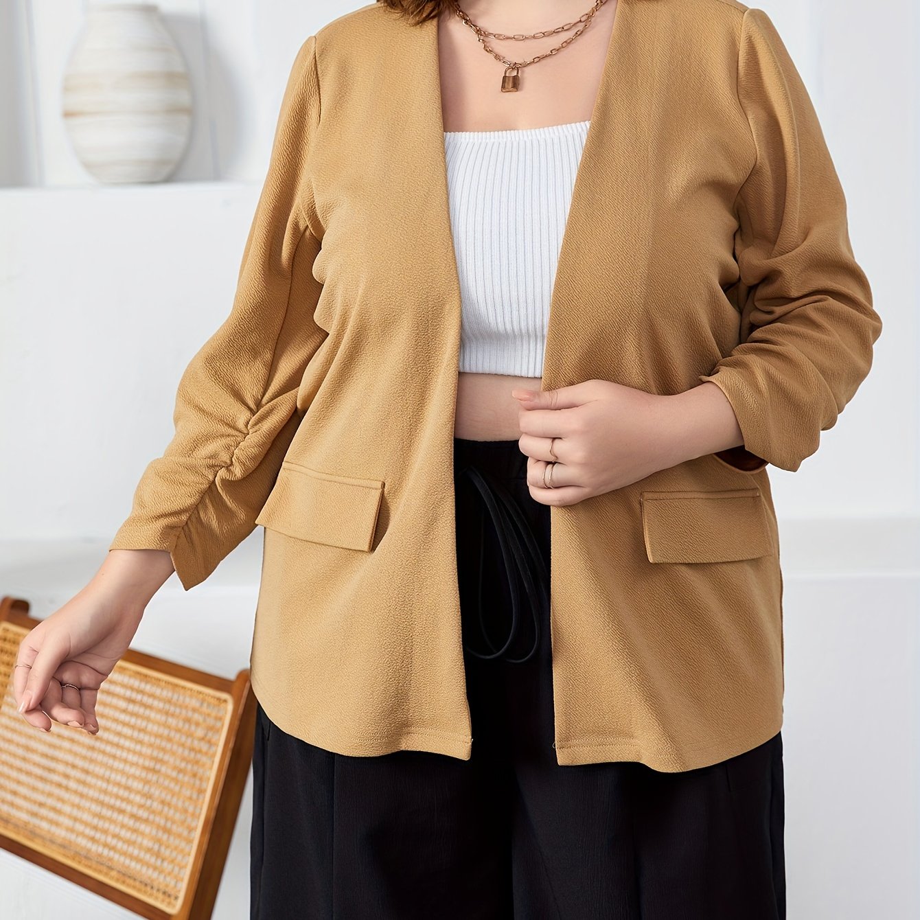 Blazer Women's Plus Solid Ruched Long Sleeve Open Front Blazer